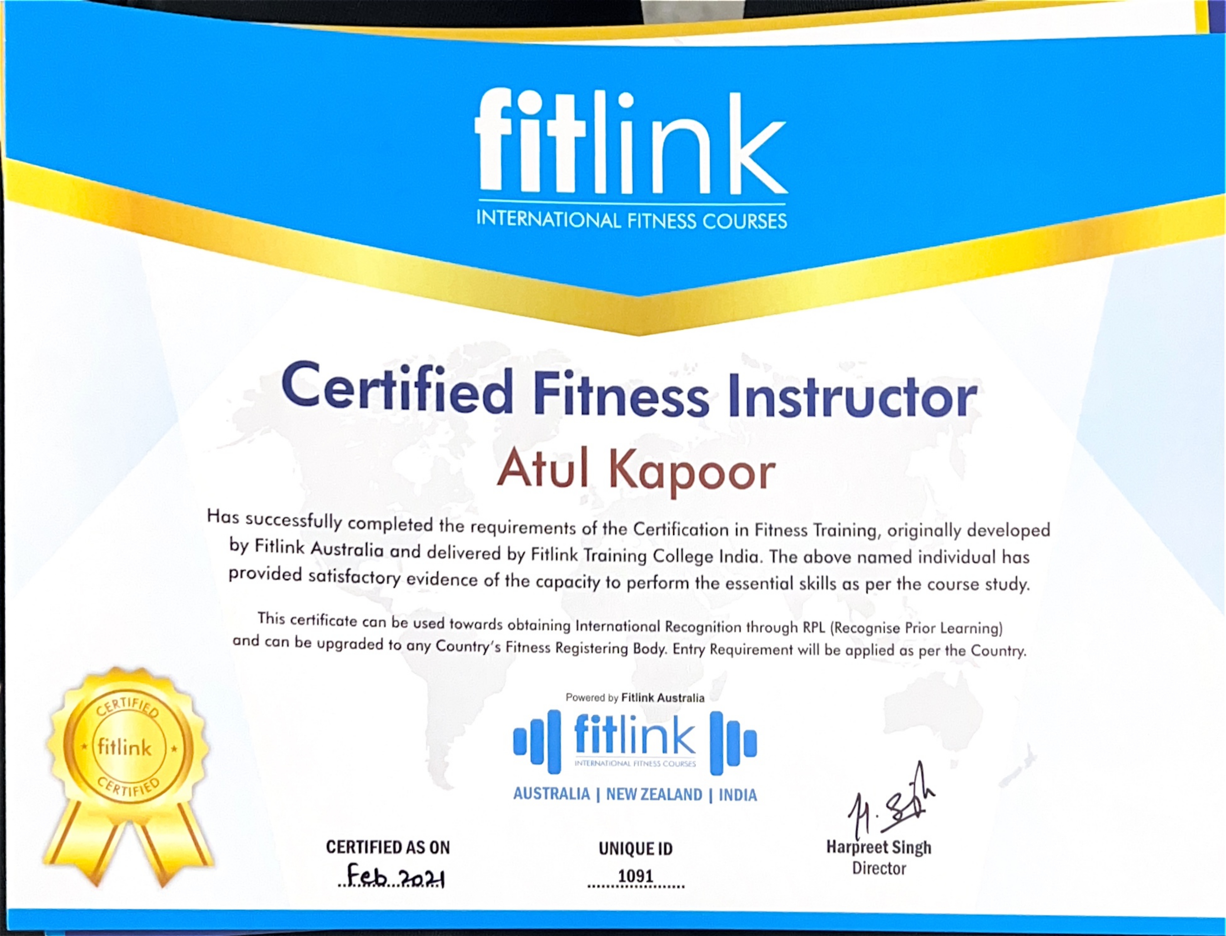 Fitlink Certified Fitness Instructor